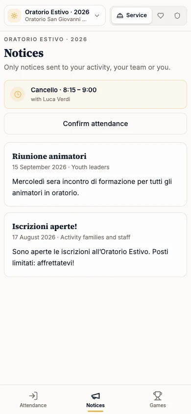 Notices with today’s shift and Confirm attendance