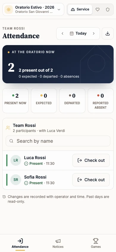 Service workspace with the team’s Attendance and the tools bar