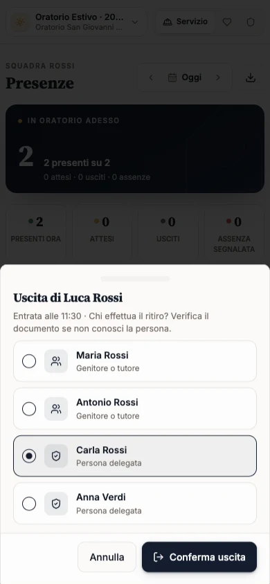 Finestra Uscita di Luca Rossi con una persona delegata scelta