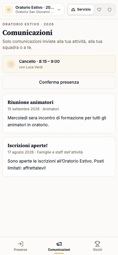 Comunicazioni con il turno di oggi e Conferma presenza
