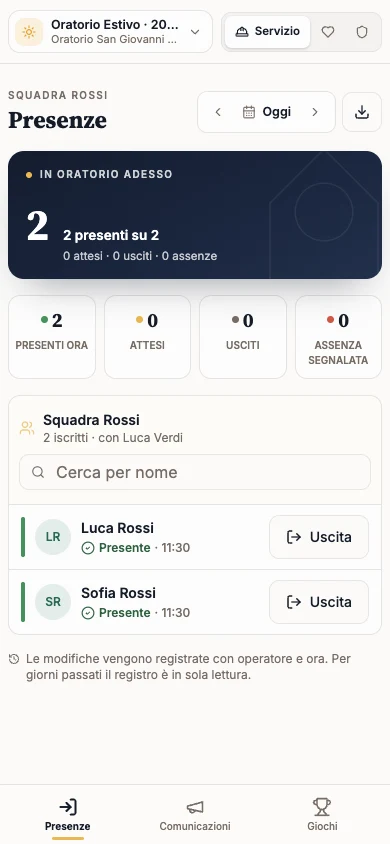 Spazio Servizio con le Presenze della squadra e la barra degli strumenti