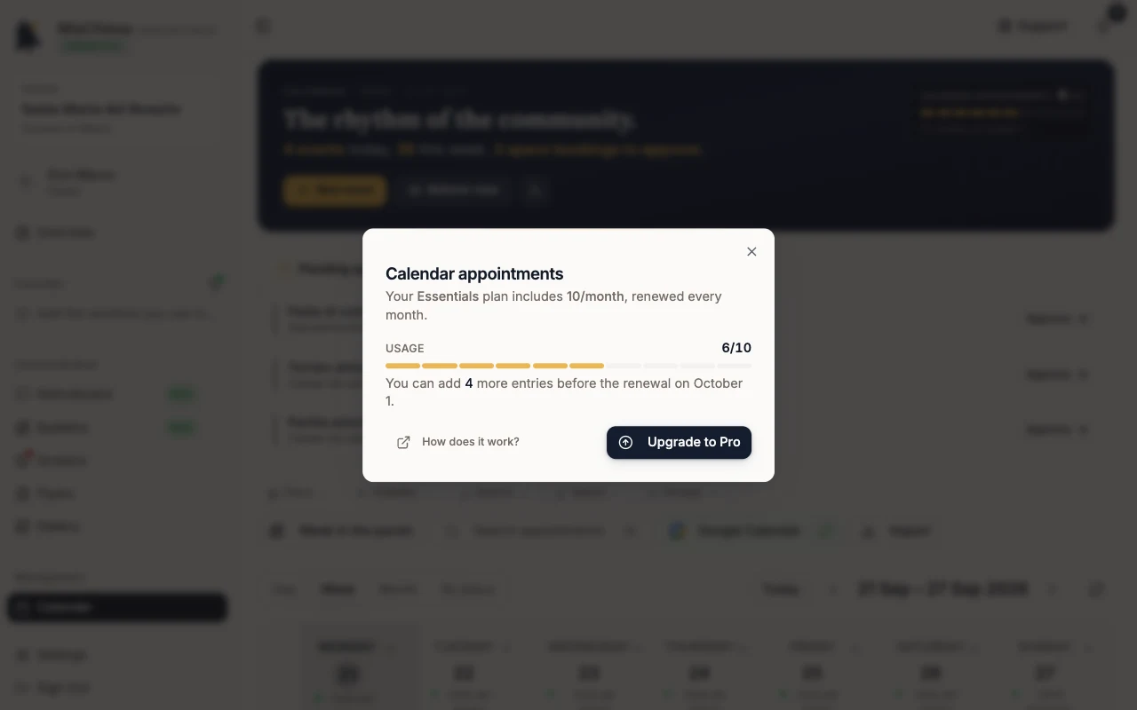 Calendar appointments window with usage at 6 of 10 and the upgrade button