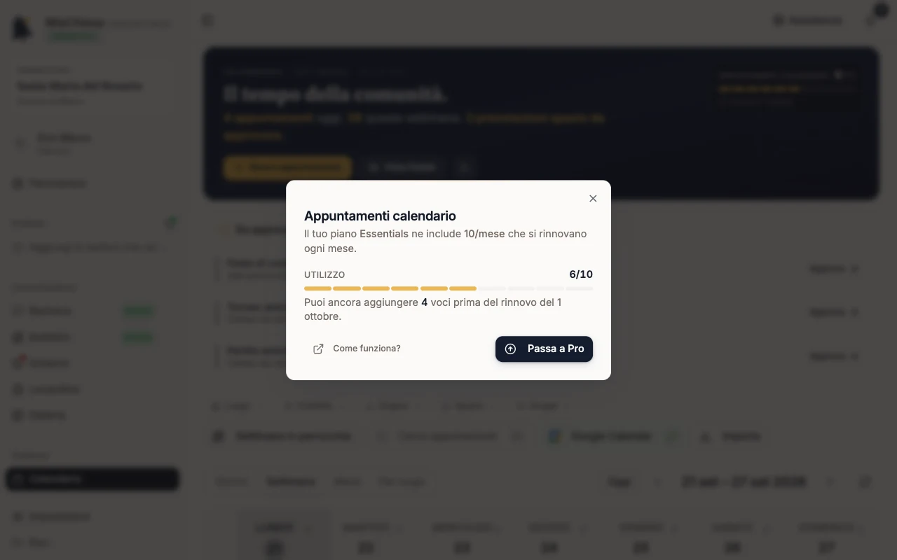 Finestra Appuntamenti calendario con utilizzo 6 su 10 e il pulsante Passa a Pro