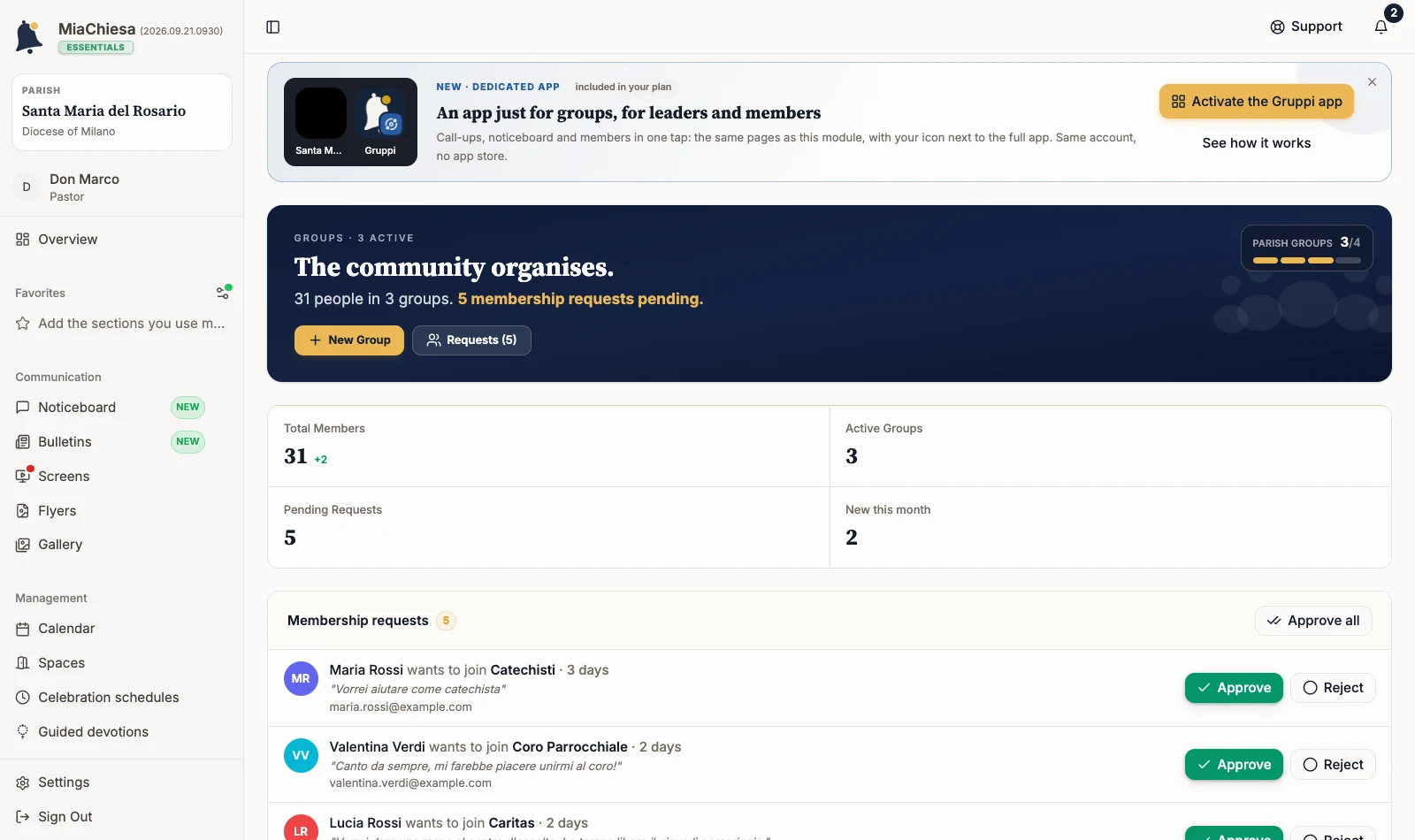 Groups page with the Parish groups indicator at 3 of 4 in the header