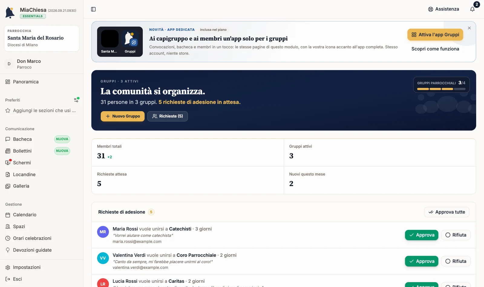 Pagina Gruppi con l’indicatore Gruppi parrocchiali a 3 su 4 nell’intestazione