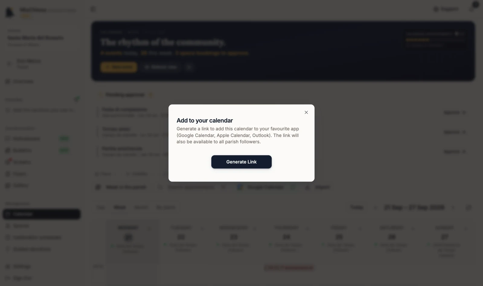 Add to your calendar window with the Generate Link button