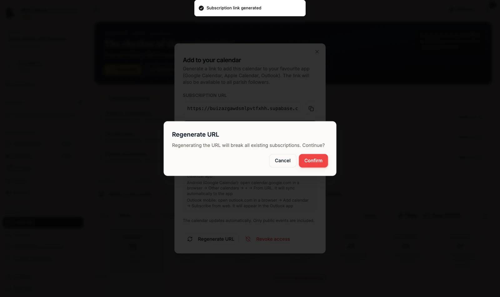 Regenerate URL confirmation with Cancel and Confirm buttons