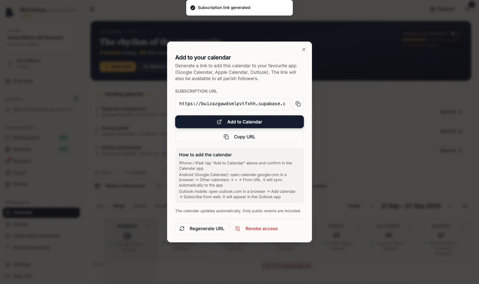 Window with Subscription URL, Add to Calendar, Copy URL, Regenerate URL and Revoke access