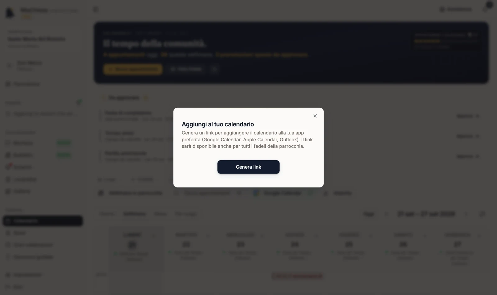 Finestra Aggiungi al tuo calendario con il pulsante Genera link