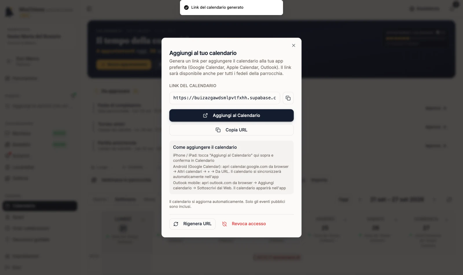 Finestra con Link del calendario, Aggiungi al Calendario, Copia URL, Rigenera URL e Revoca accesso