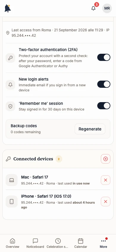 Connected devices section with the device list