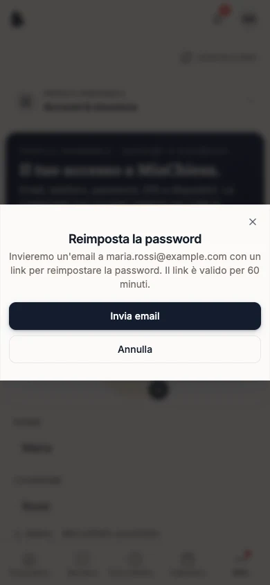 Finestra Reimposta la password con il pulsante Invia email
