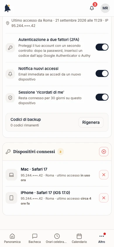 Sezione Dispositivi connessi con l’elenco dei dispositivi