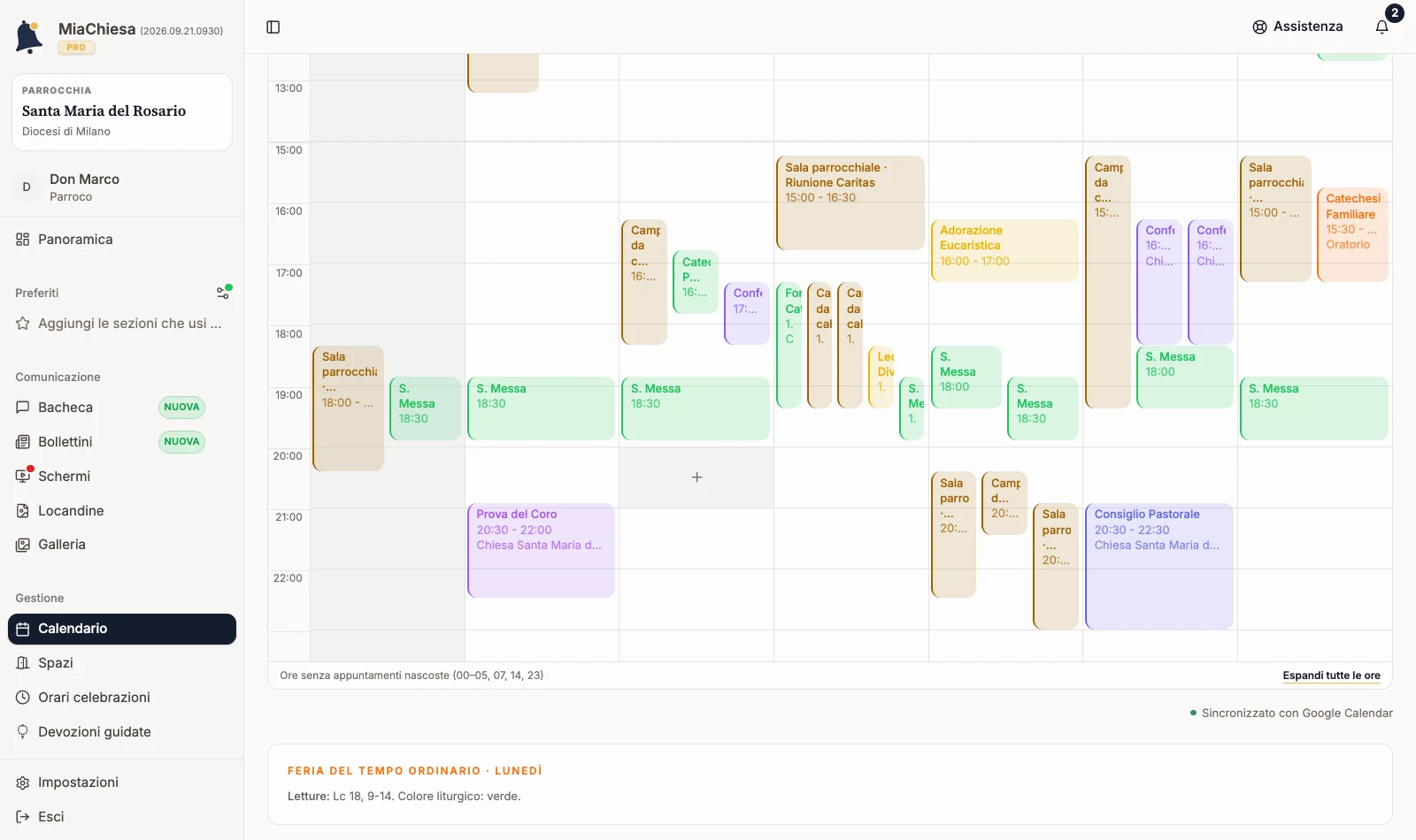 Vista Settimana del calendario con gli appuntamenti