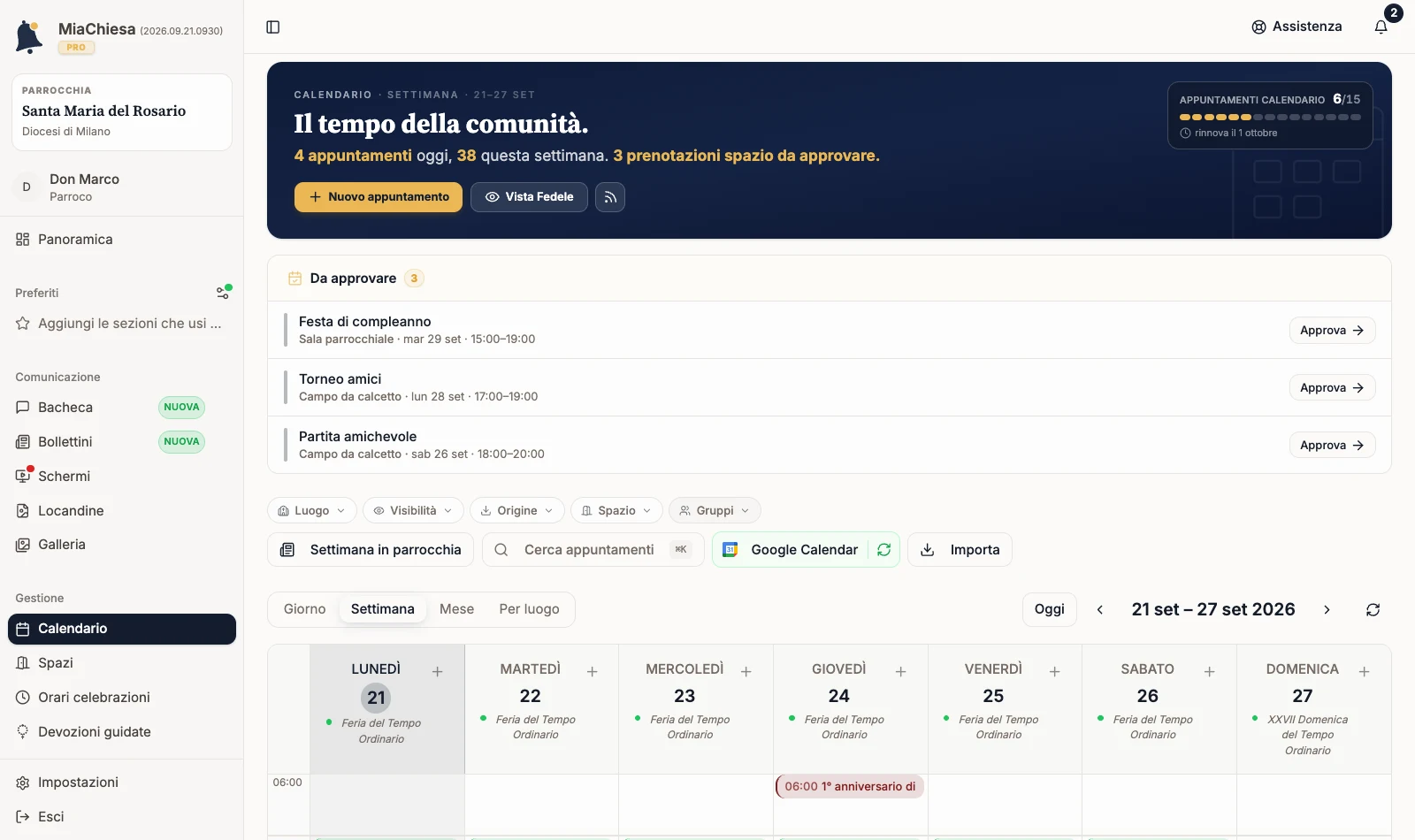 Calendario staff con appuntamenti, viste e filtri