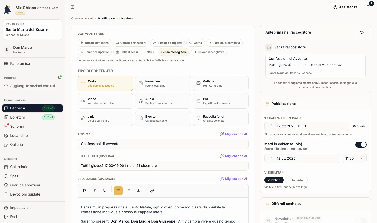 Editor Modifica comunicazione con i dati esistenti caricati