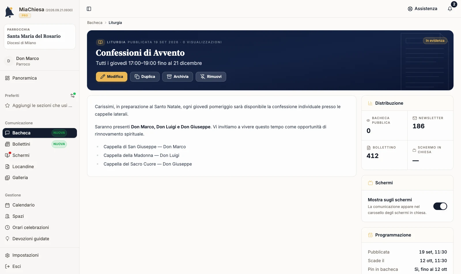 Dettaglio di una comunicazione pubblicata con il comando Modifica