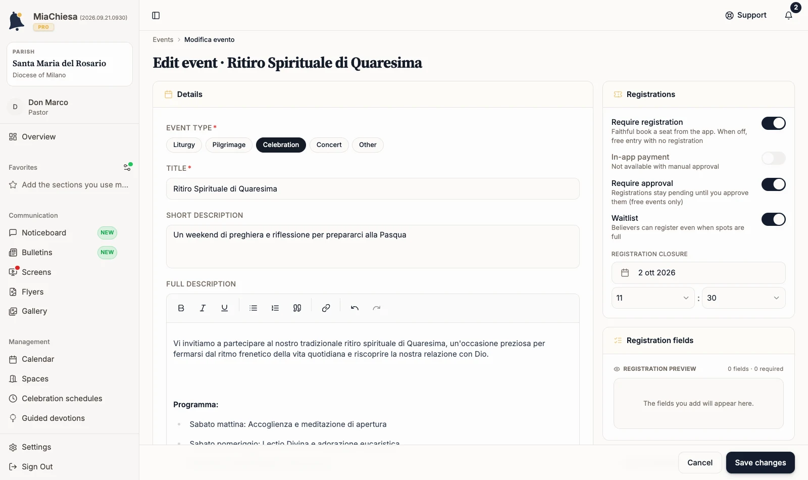 Event editor showing the existing values in the details fields
