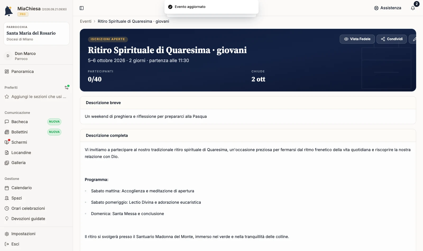 Dettaglio dell’evento dopo il salvataggio del titolo aggiornato