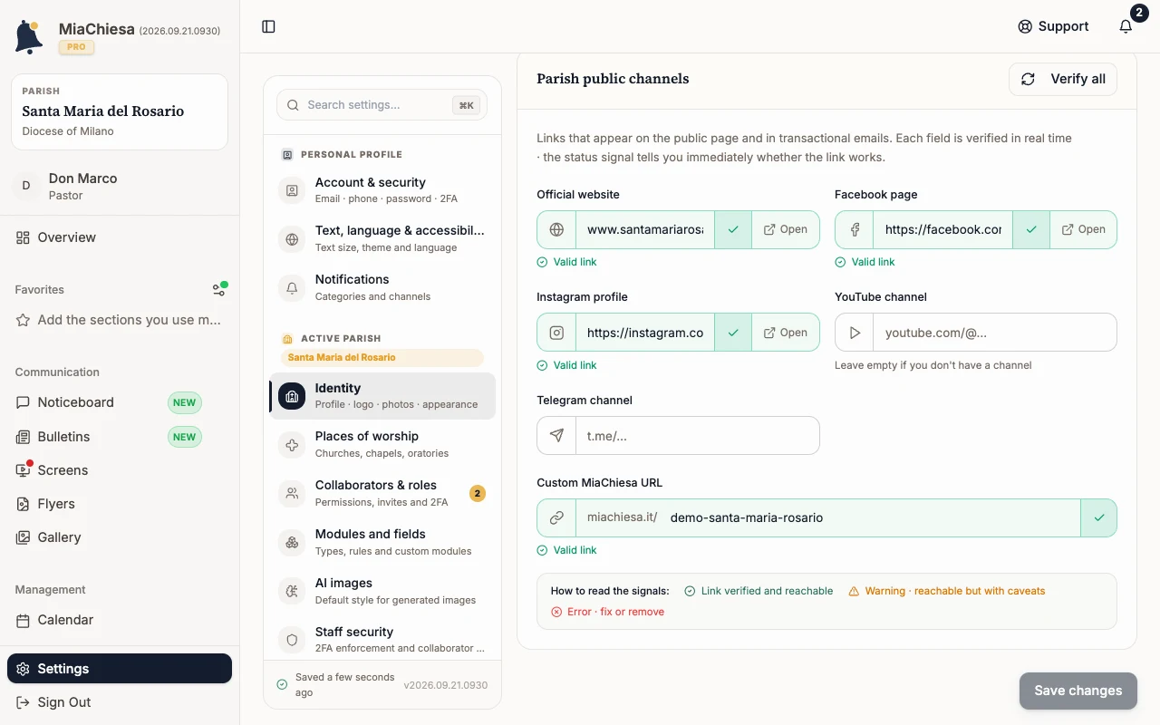 Social & web tab with the Custom MiaChiesa URL field