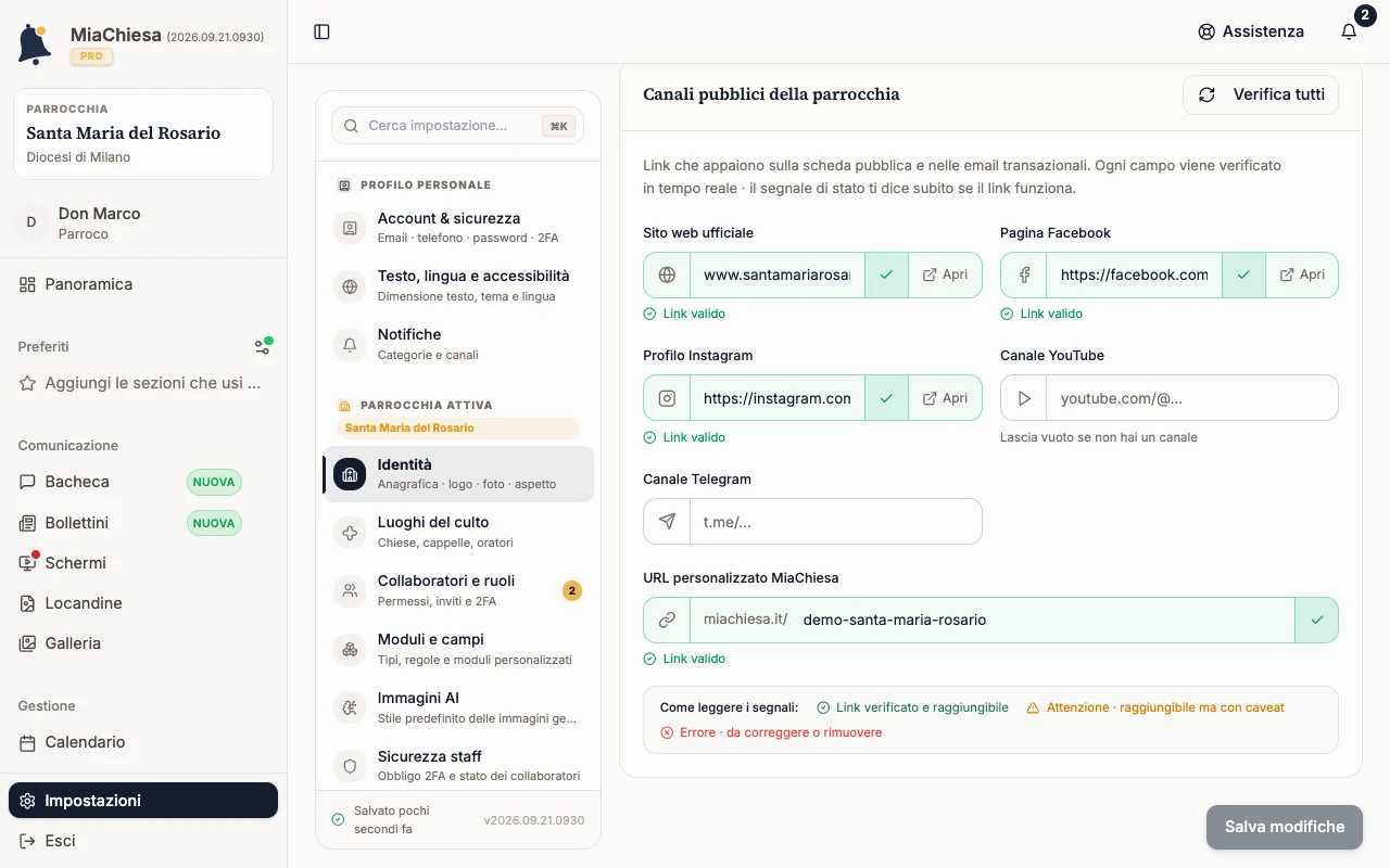 Scheda Social & web con il campo URL personalizzato MiaChiesa
