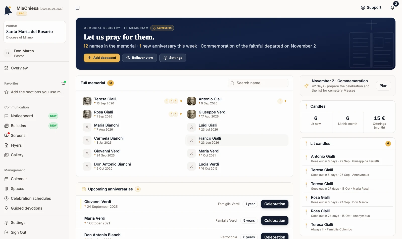 In Memoriam page with Full memorial and existing entries