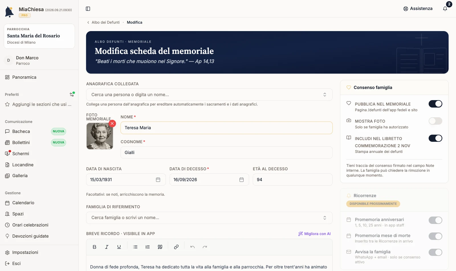 Modulo Modifica scheda del memoriale con il nome Teresa Maria compilato