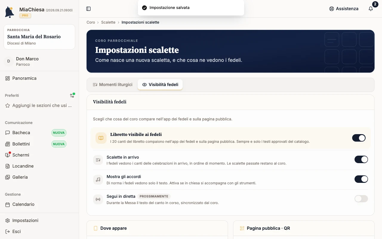 Interruttore Mostra gli accordi con il messaggio Impostazione salvata
