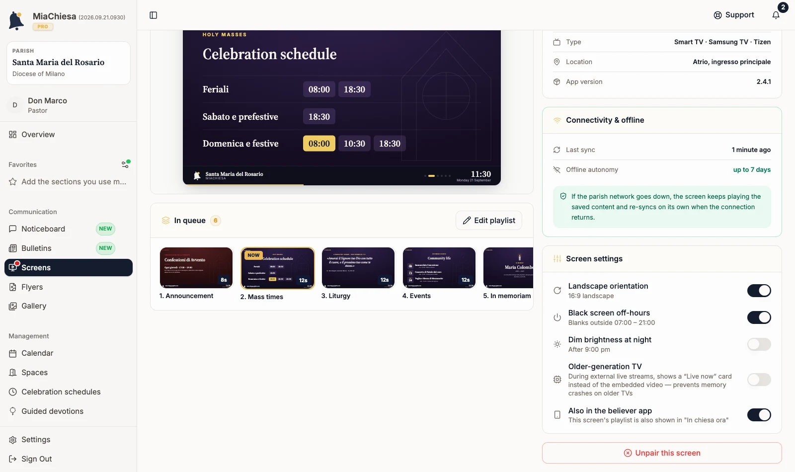 Schermo Ingresso settings with Also in the believer app