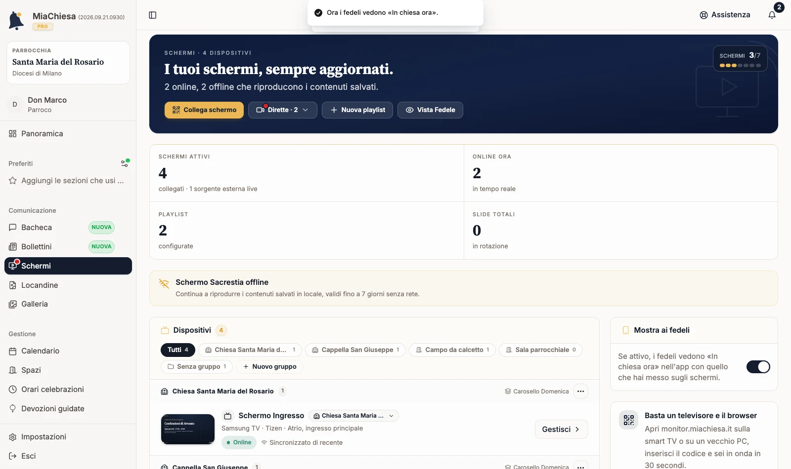 Interruttore Mostra ai fedeli attivo