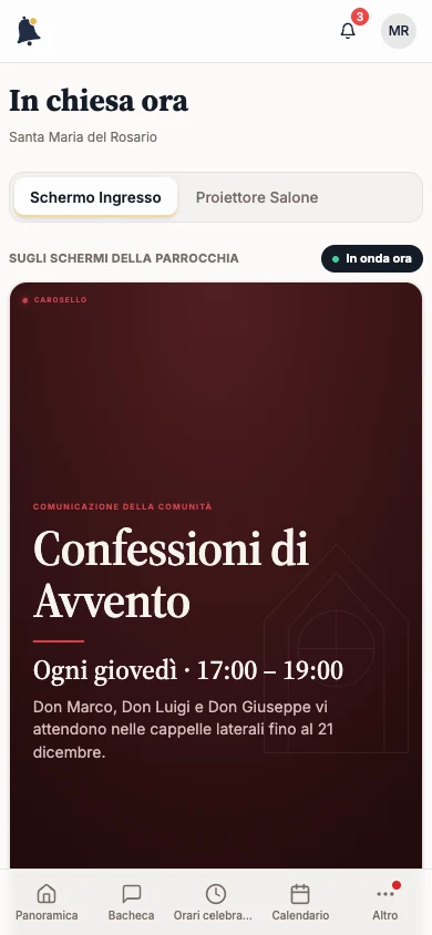 Pagina In chiesa ora nell’app dei fedeli con l’etichetta In onda ora