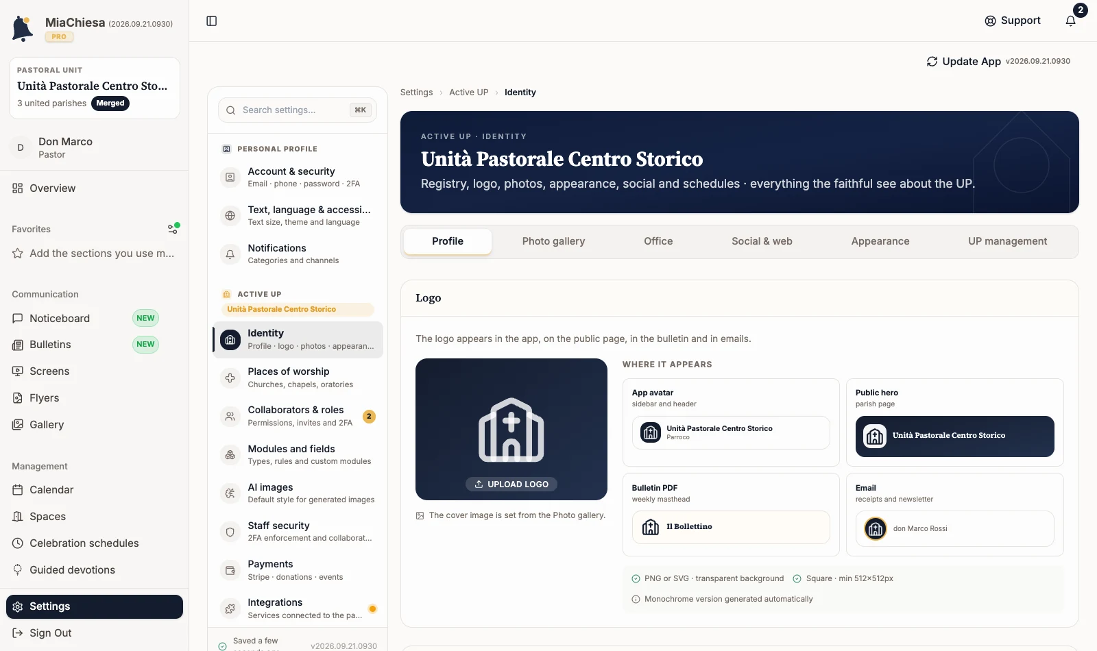 Identity settings for Unità Pastorale Centro Storico on the Profile tab