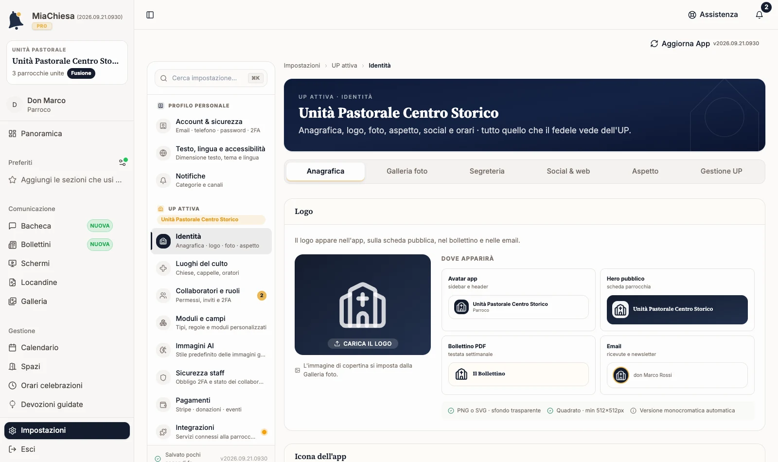 Impostazioni Identità dell’Unità Pastorale Centro Storico con scheda Anagrafica