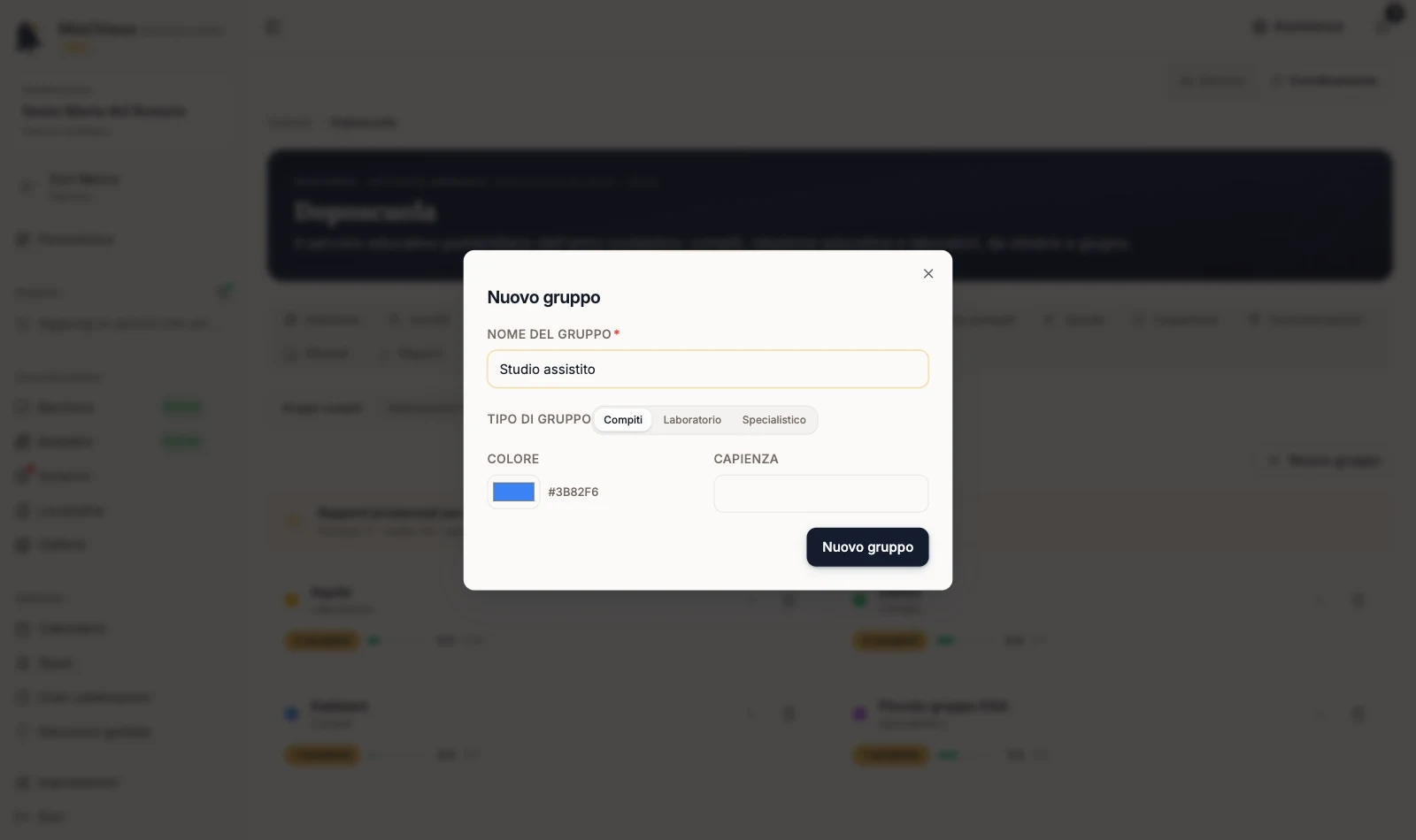 Finestra Nuovo gruppo con nome Studio assistito