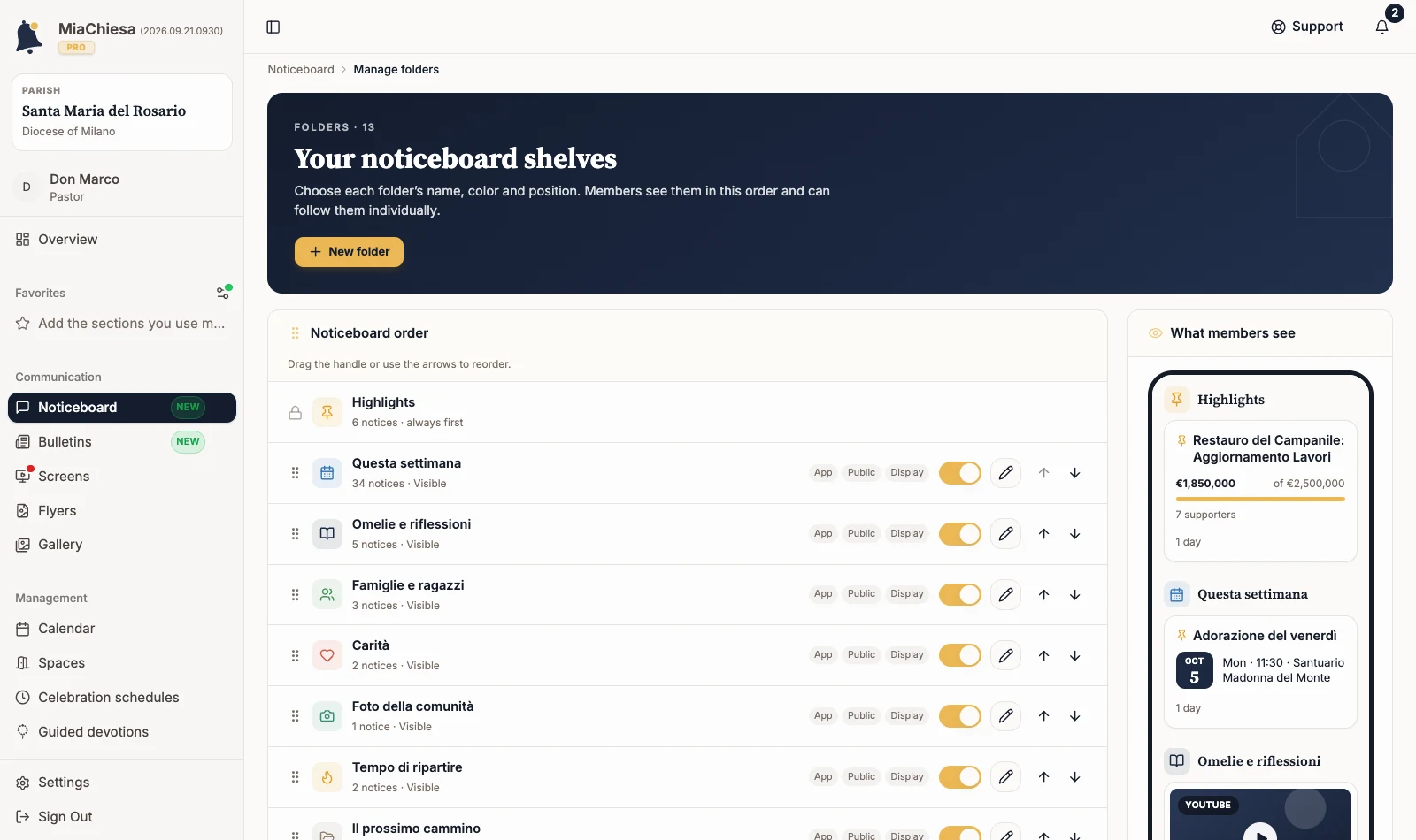 Folder management with order controls, switches and New folder