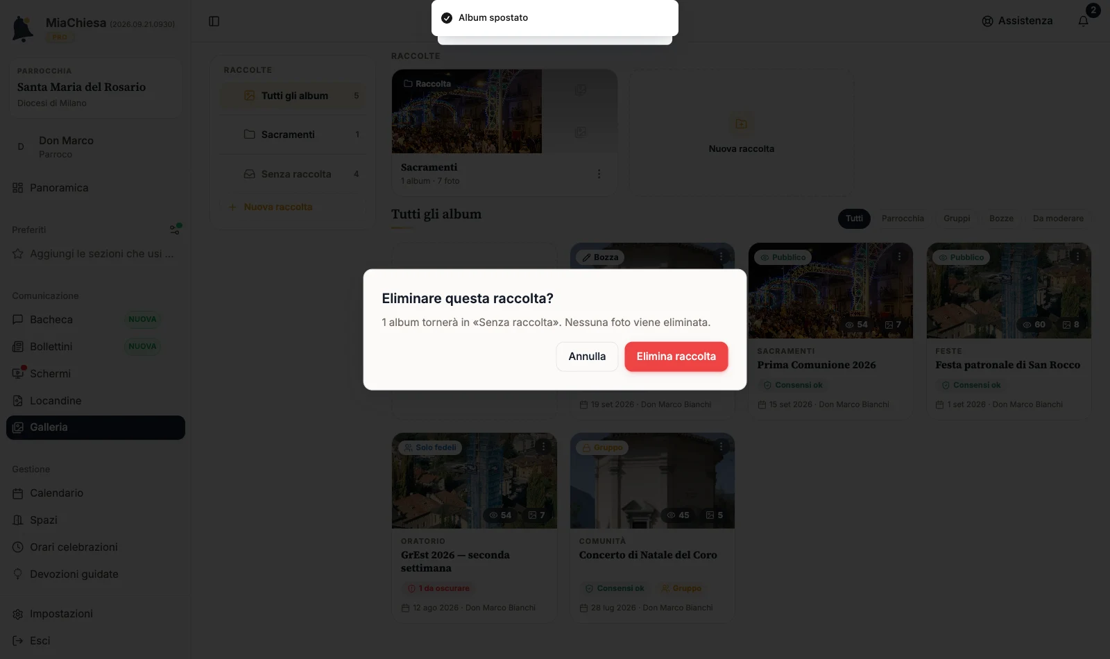 Conferma Eliminare questa raccolta? con il comando Elimina raccolta