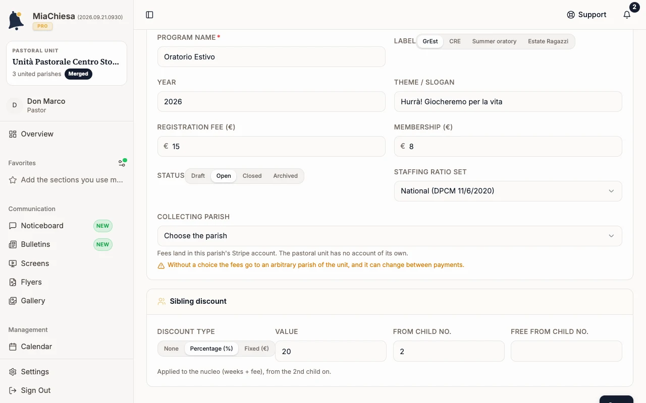 Collecting parish field in the General tab of the GrEst edition, with the missing-choice warning