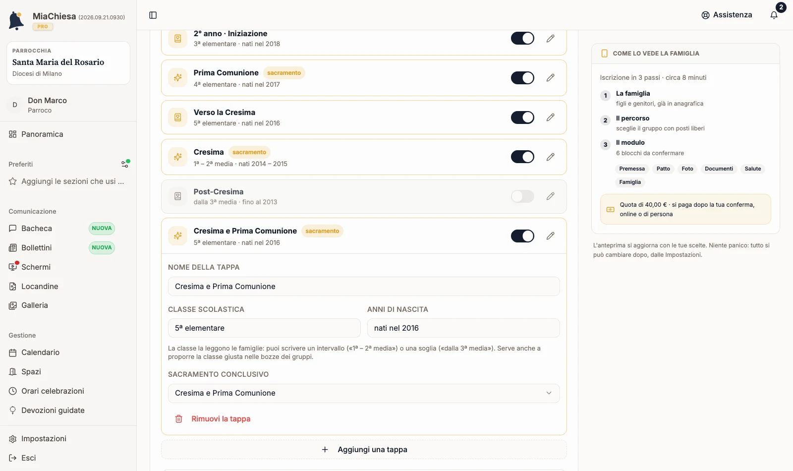 Tappa combinata con classe e sacramento conclusivo precompilati