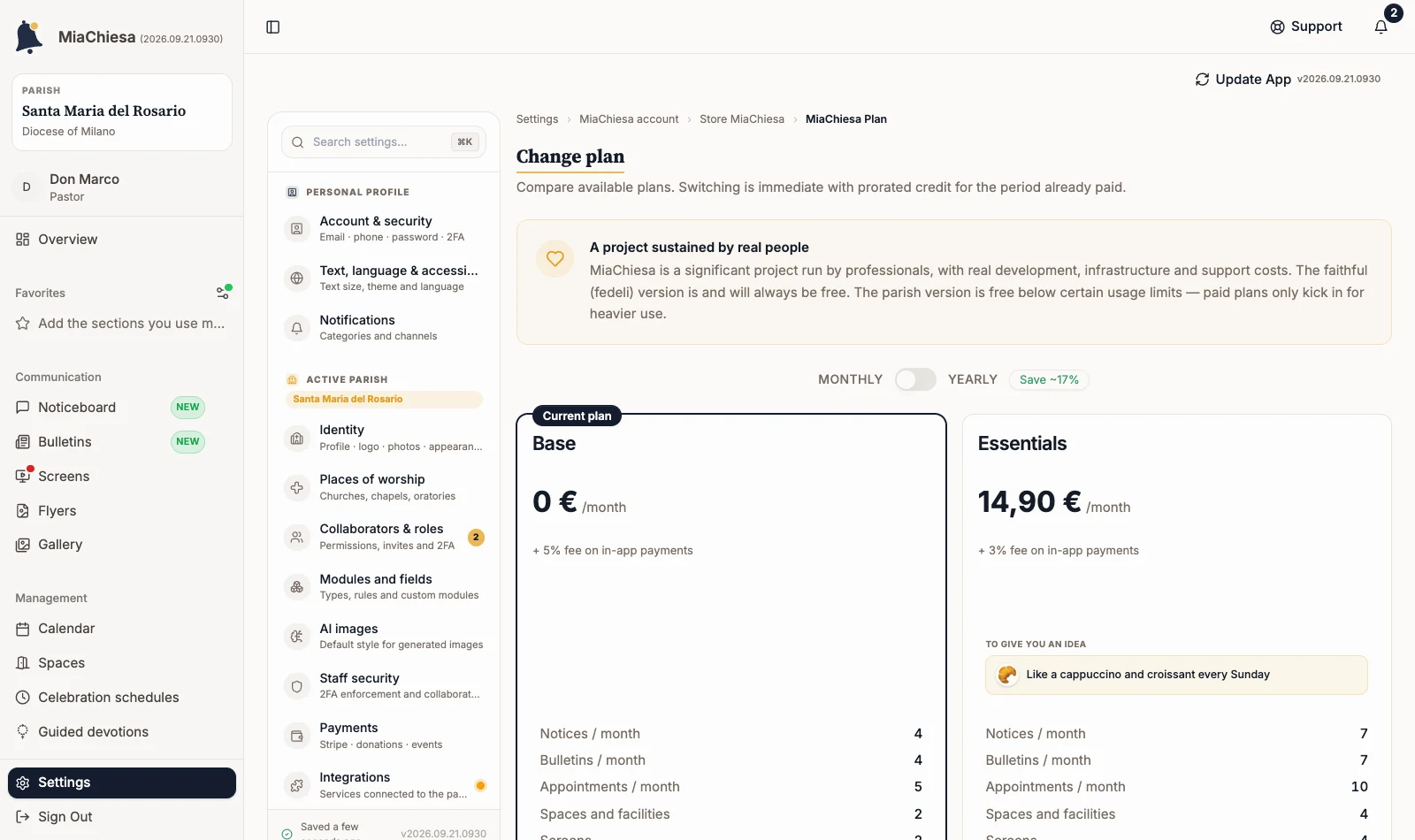 Change plan page with the Monthly/Yearly switch and the Base and Essentials cards