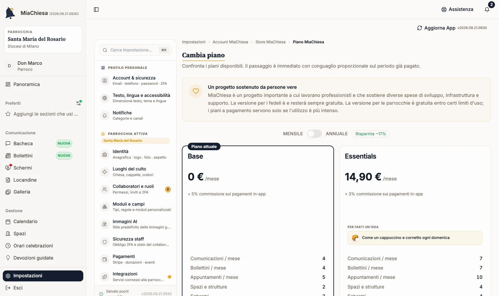 Pagina Cambia piano con il selettore Mensile/Annuale e le schede Base ed Essentials