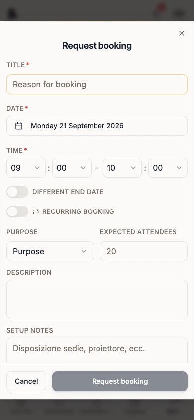Request booking dialog with the date and time already filled in