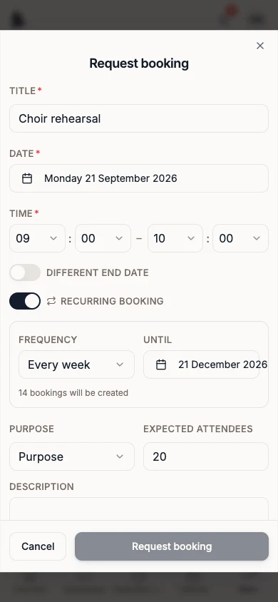 Recurring booking request with title and attendees filled in