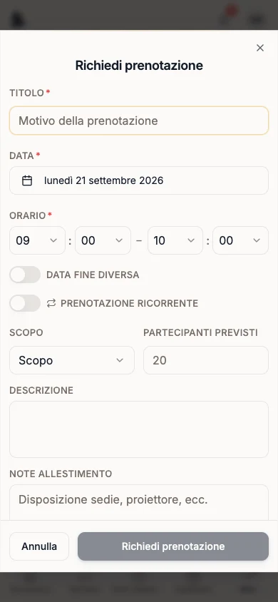 Finestra Richiedi prenotazione con data e orario già compilati