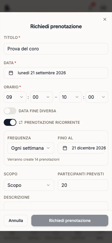 Richiesta di prenotazione ricorrente con titolo e partecipanti compilati
