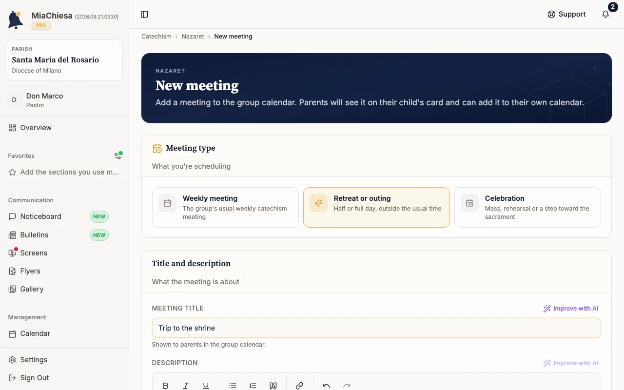 New meeting with type Retreat or outing and a title