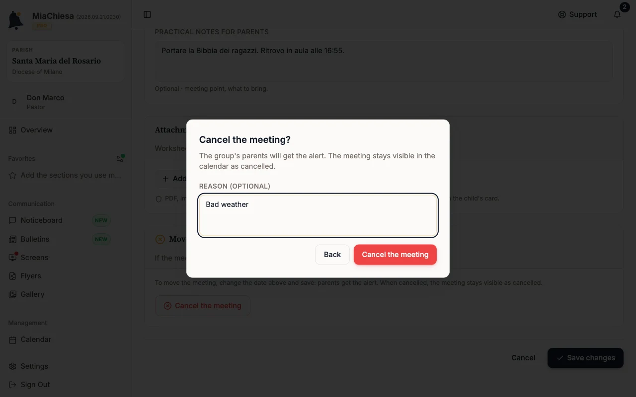 Cancel the meeting? dialog with the reason