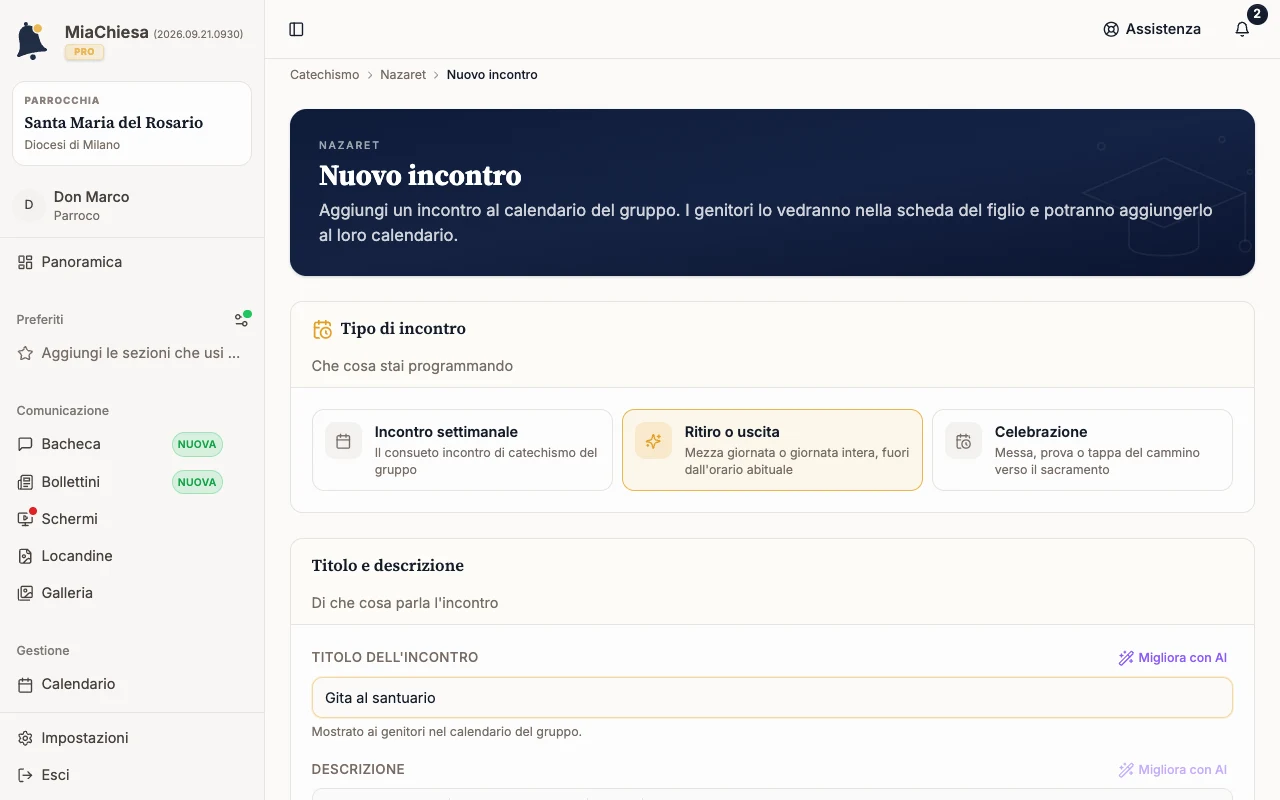 Nuovo incontro con tipo Ritiro o uscita e titolo compilato