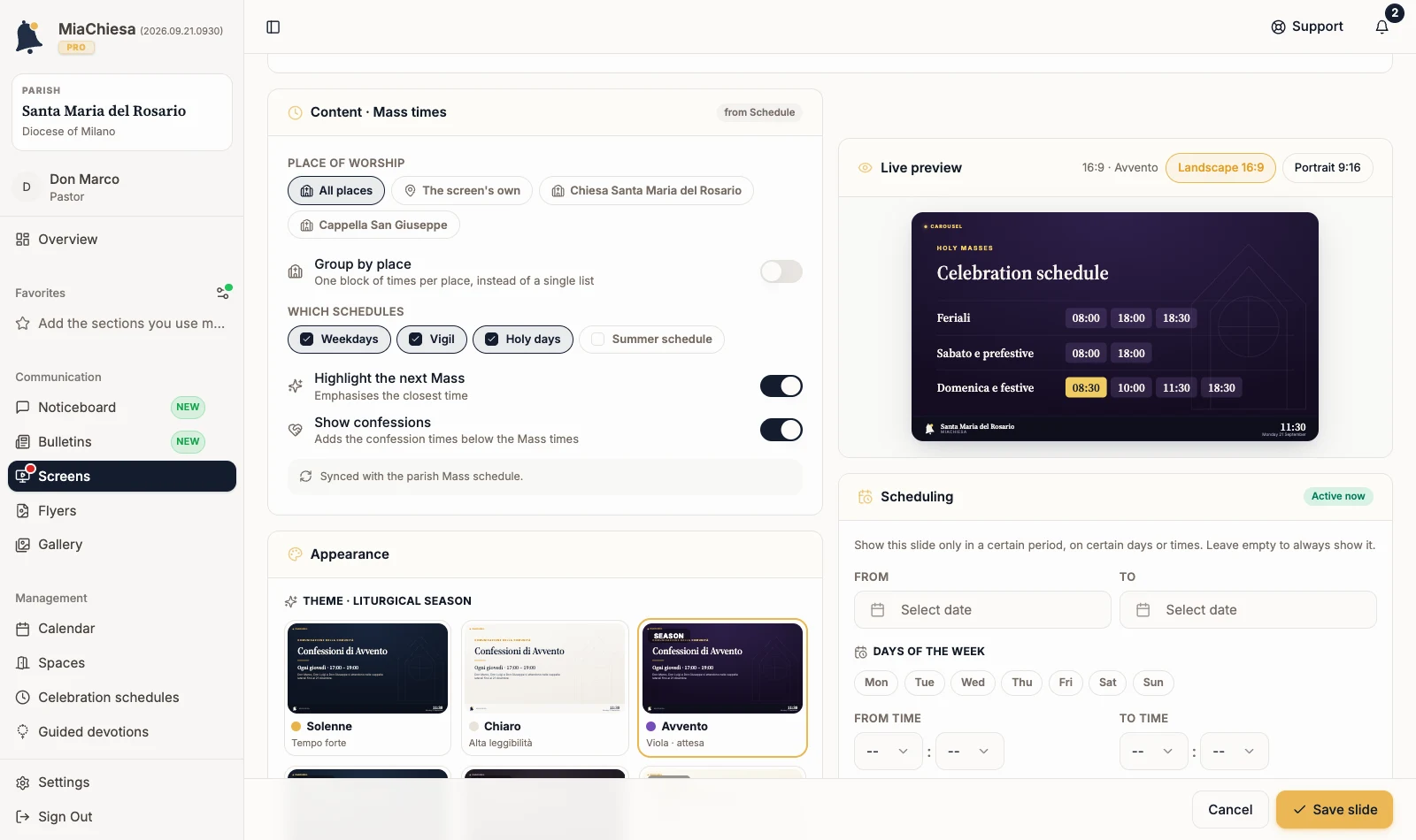 Scheduling card with the Active now label
