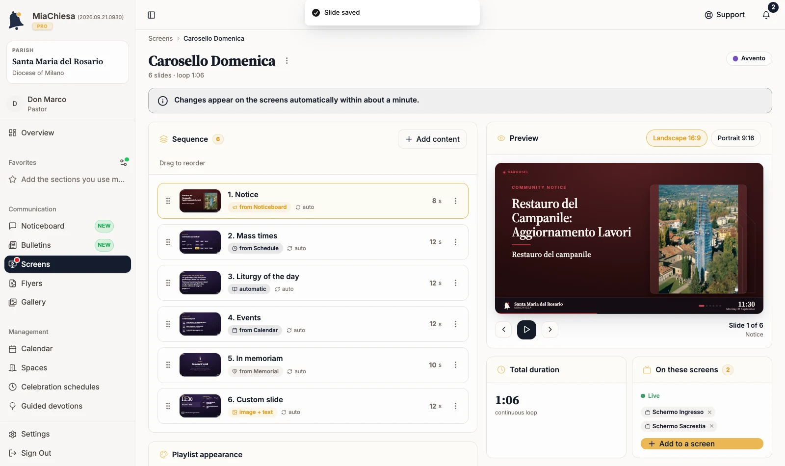 Carosello Domenica playlist with the Slide saved message