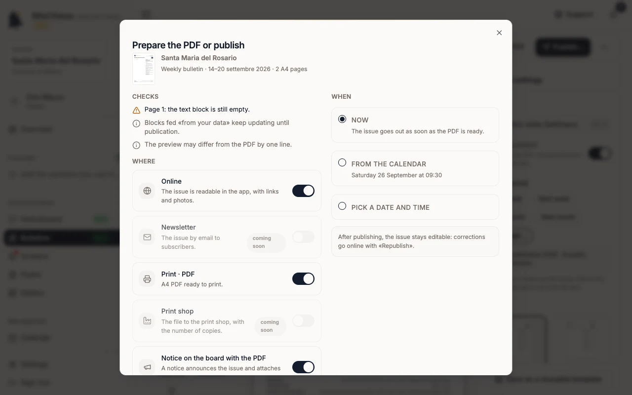 Publish dialog with the channels and the notice on the board